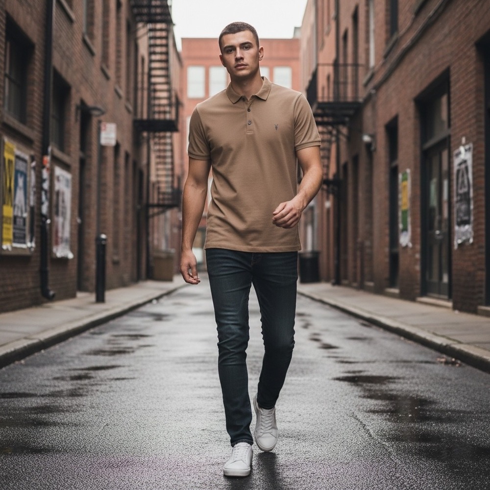 AllSaints Brace SS Polo Shirt Tan Brown Mens Large Regular Fit MD439U Ramskull‎